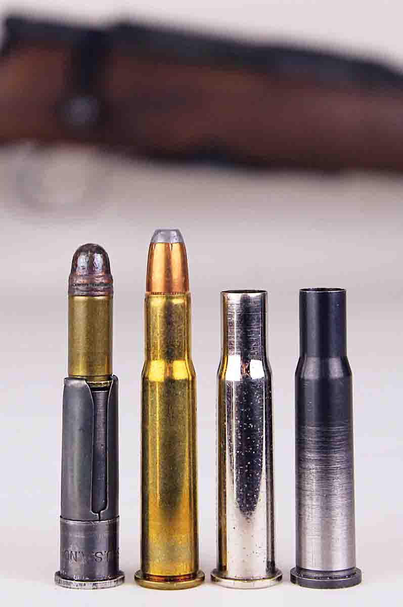 Auxiliary chambers, like these made to fit the .30-30 Winchester chamber, present the same exterior dimension as the parent  .30-30 cartridge (second from left).